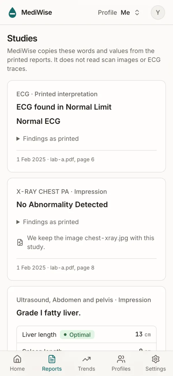 The studies on a report: an ECG, a chest X-ray and an abdomen ultrasound, each with its printed impression.