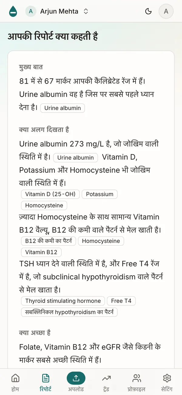 हिन्दी में रिपोर्ट का सार। Urine albumin और Homocysteine जैसे मार्कर नाम अंग्रेज़ी में रहते हैं।