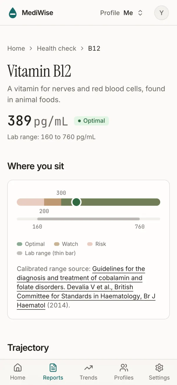 The Vitamin B12 page: what the marker is, the value, and where it sits in the range.