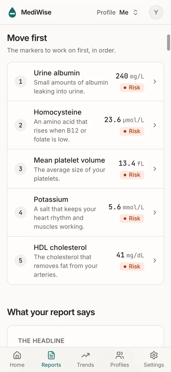 Move first: urine albumin, homocysteine, mean platelet volume, potassium and HDL cholesterol, in order.