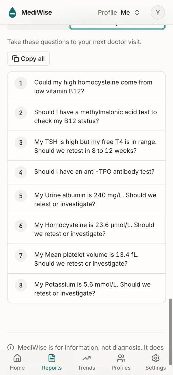 Eight questions for the doctor, with a button to copy all of them.