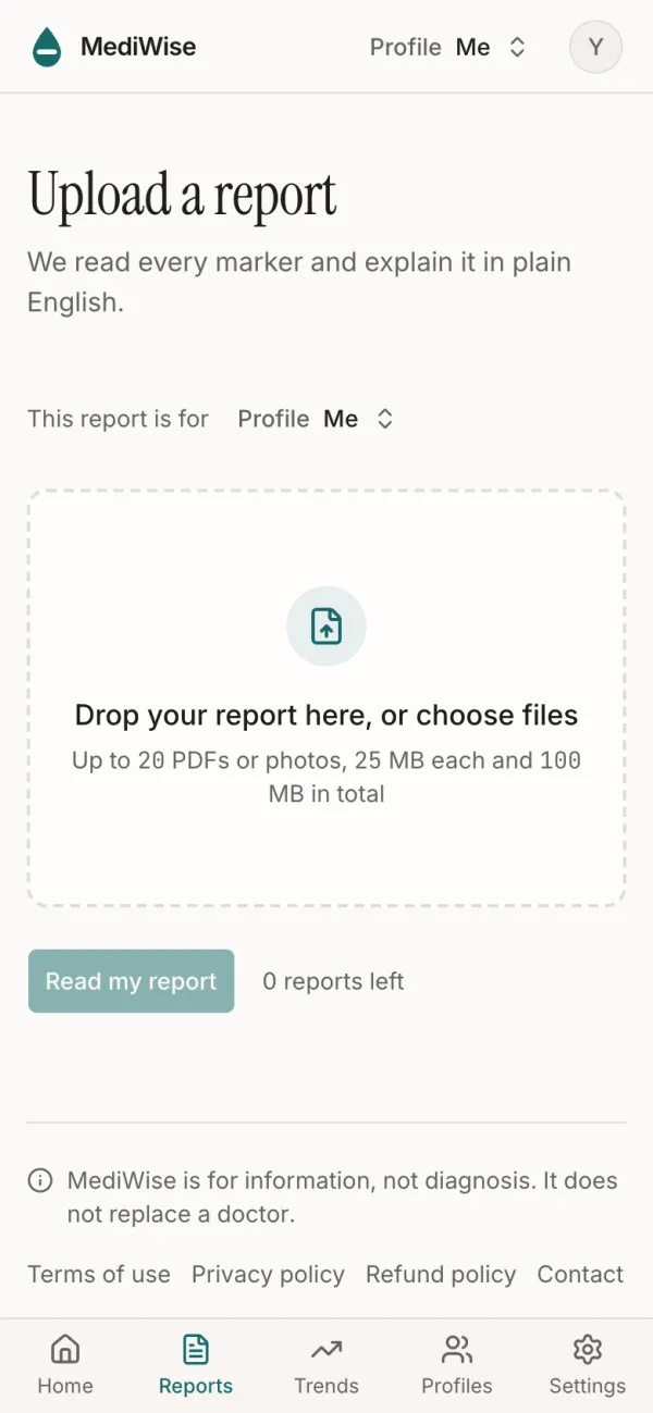 The upload page: drop up to 20 PDFs or photos.